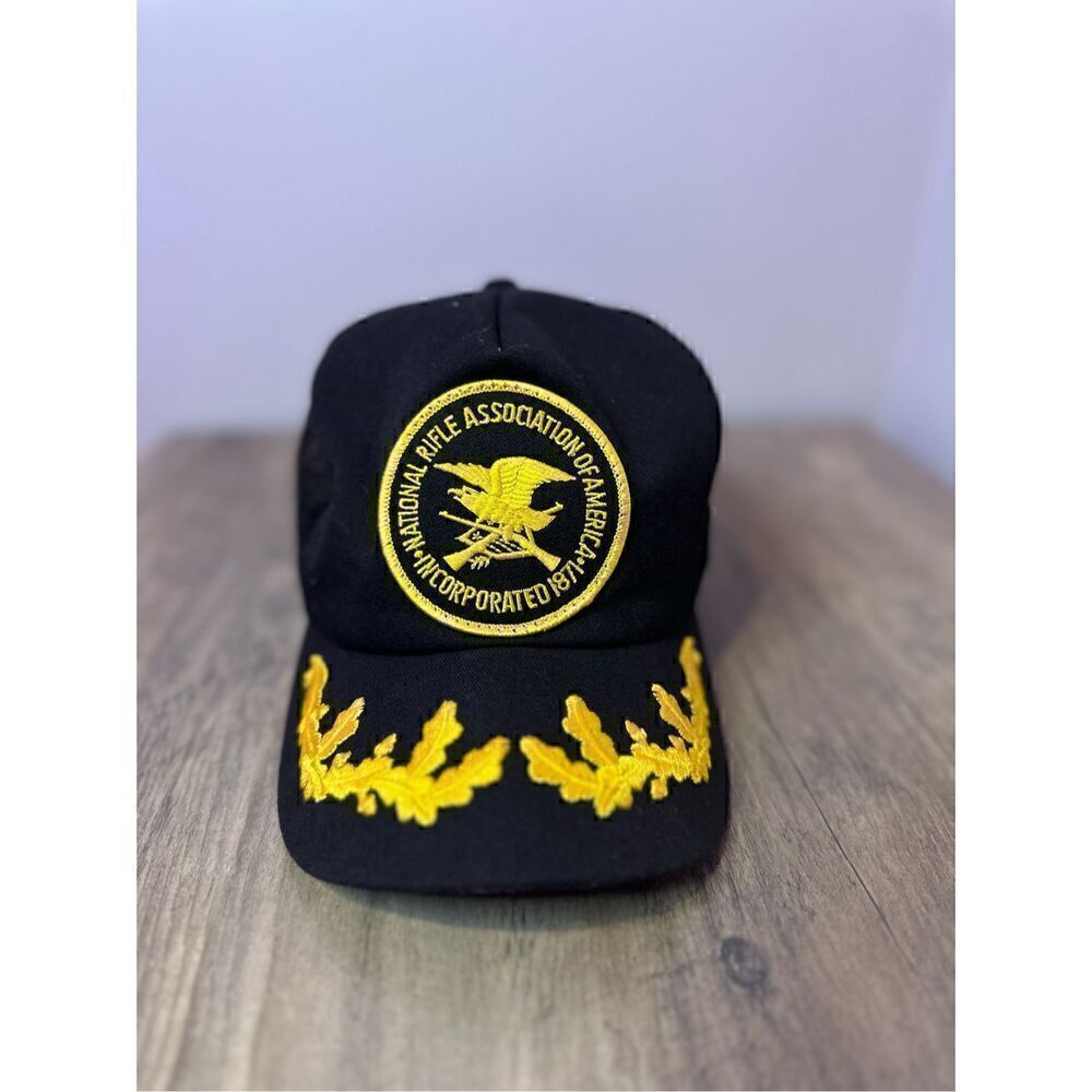 Vintage NRA Snapback Trucker Hat Cap National Rifle Association Black Mesh Gold
